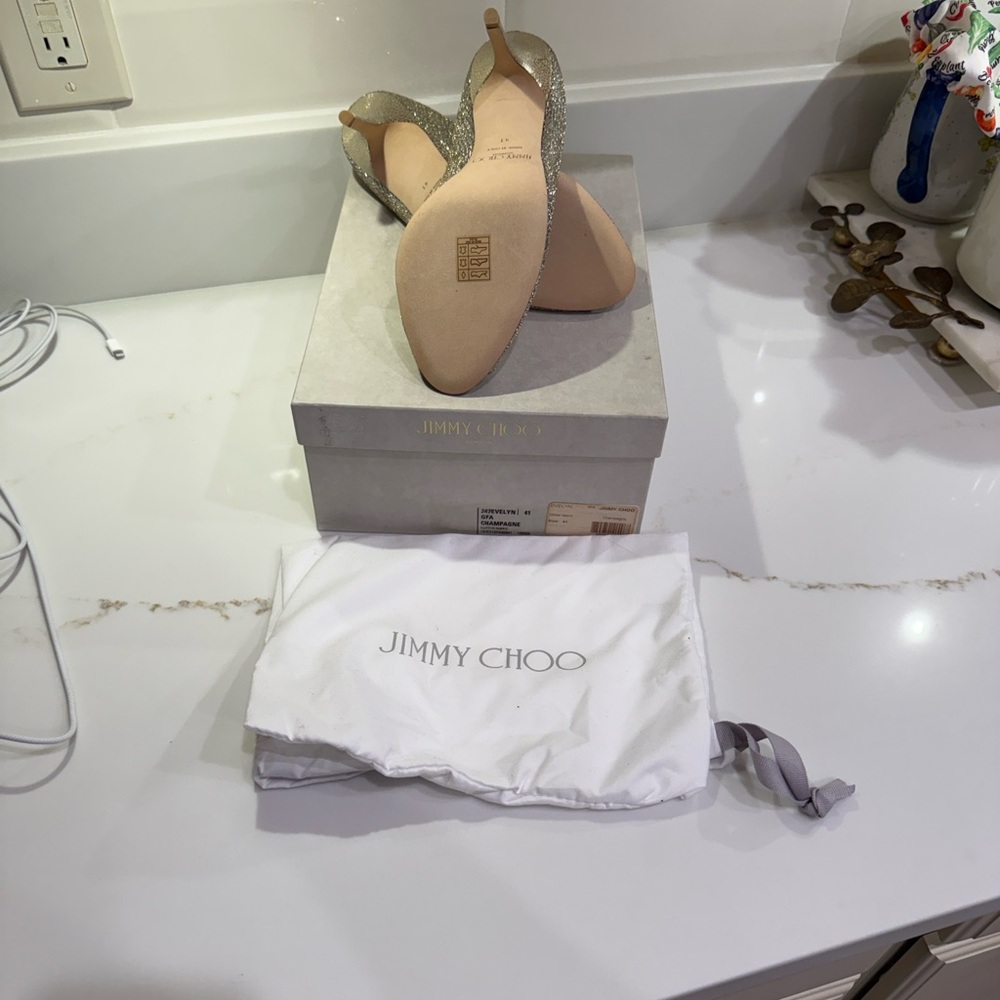Jimmy Choo Glittering Champagne Peep-Toe Heels - Picture 8 of 10